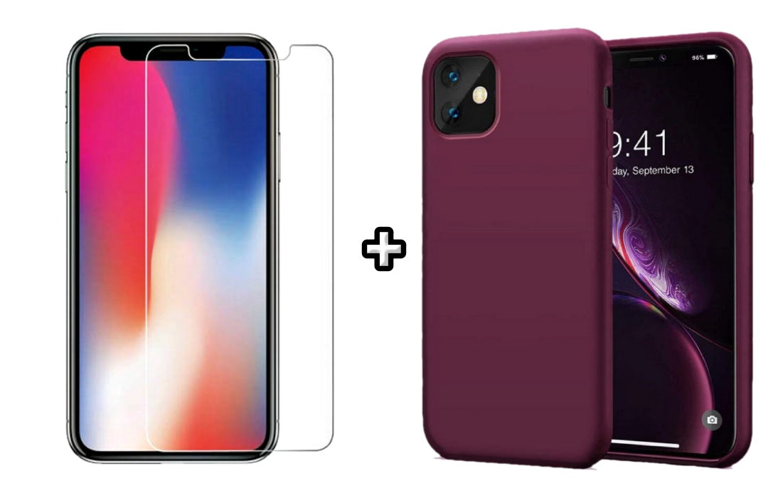Set Husa Silicon + Folie din sticla transparenta Case Friendly compatibila cu Apple iPhone 11, visinie, protectie 360