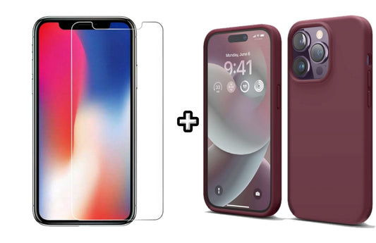 Set Husa Silicon + Folie din sticla transparenta Case Friendly compatibila cu Apple iPhone 14 Pro, visiniu, protectie 360