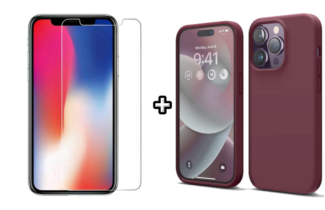 Set Husa Silicon + Folie din sticla transparenta Case Friendly compatibila cu Apple iPhone 14 Pro Max, visiniu, protectie 360