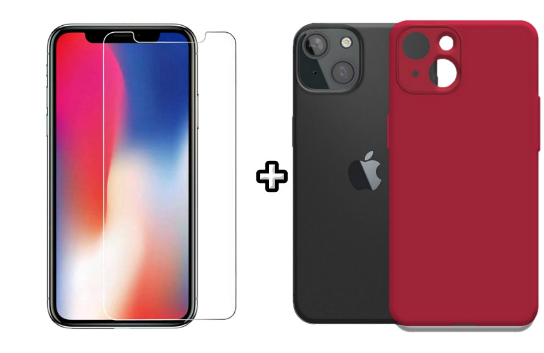 Set Husa Silicon + Folie din sticla transparenta Case Friendly compatibila cu Apple iPhone 13 Mini, visinie, protectie 360