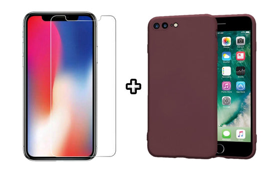 Set Husa Silicon + Folie din sticla transparenta Case Friendly compatibila cu Apple iPhone 7, visinie, protectie 360