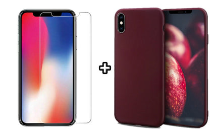 Set Husa Silicon + Folie din sticla transparenta Case Friendly compatibila cu Apple iPhone X, visinie, protectie 360