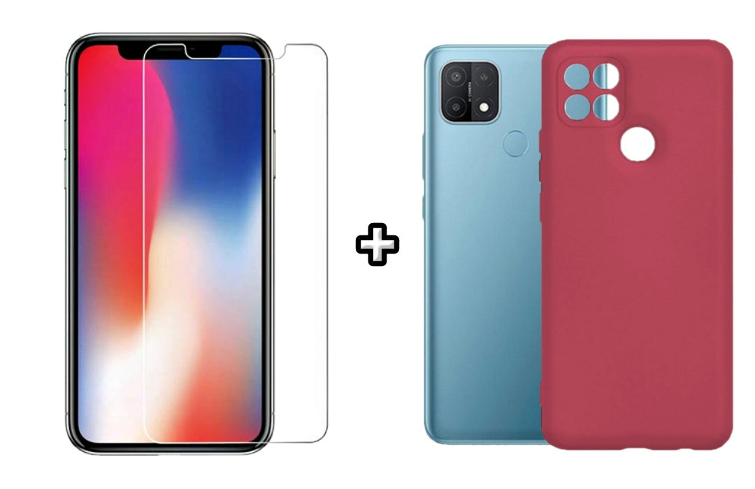 Set Husa Silicon plus Folie din sticla transparenta Case Friendly compatibila cu OPPO A15, visinie, protectie 360