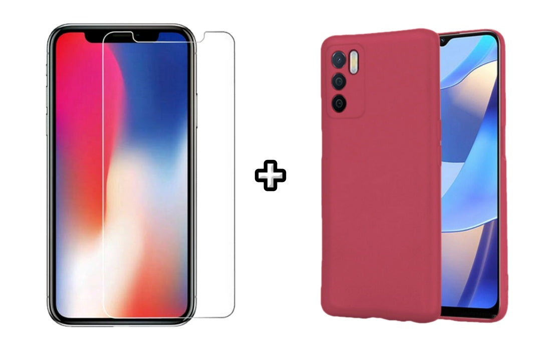 Set Husa Silicon plus Folie din sticla transparenta Case Friendly compatibila cu OPPO A16, visinie, protectie 360