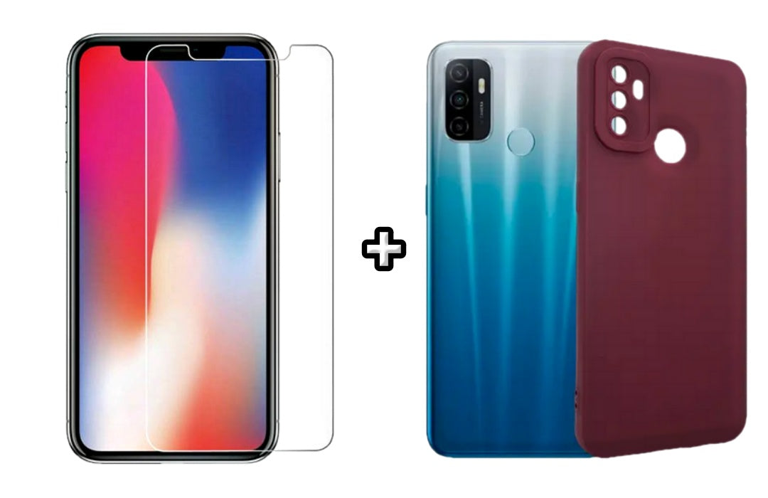 Set Husa Silicon plus Folie din sticla transparenta Case Friendly compatibila cu OPPO A53, visinie, protectie 360