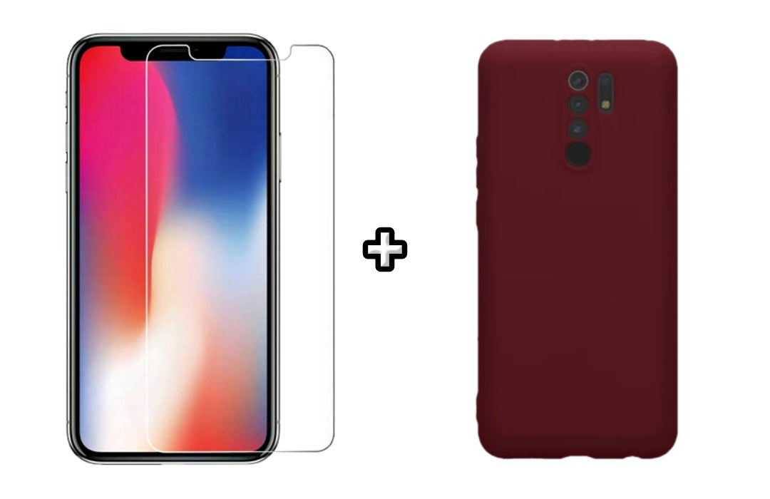 Set Husa Silicon plus Folie din sticla transparenta compatibila cu Xiaomi Redmi 9, visinie, protectie 360