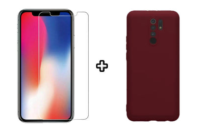 Set Husa Silicon plus Folie din sticla transparenta compatibila cu Xiaomi Redmi 9, visinie, protectie 360