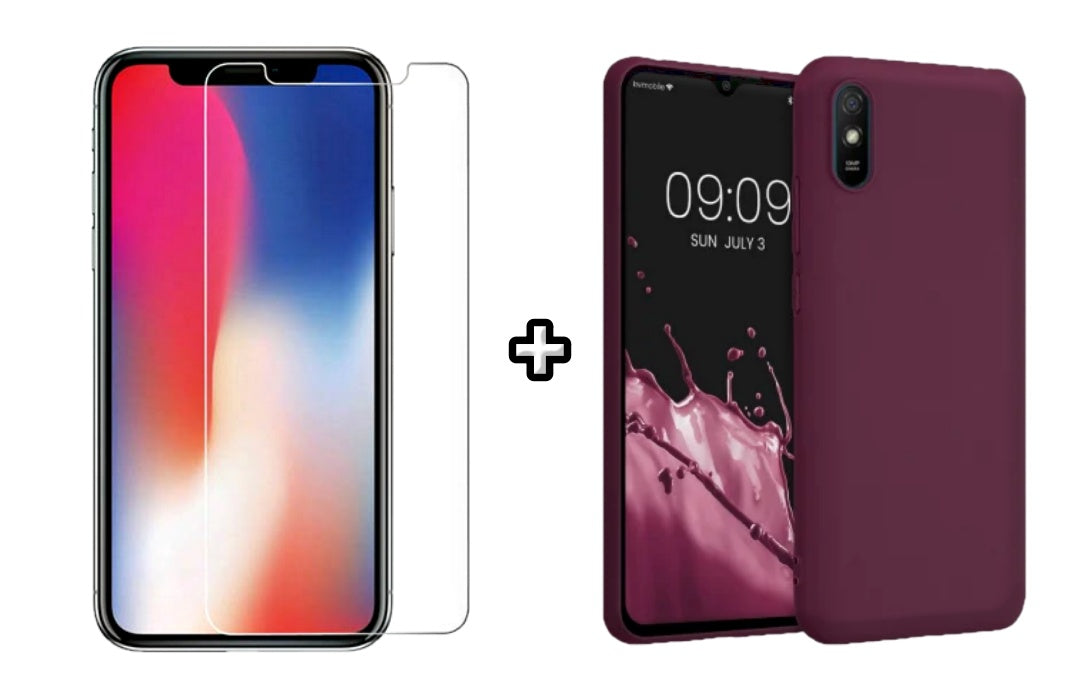 Set Husa Silicon plus Folie din sticla transparenta compatibila cu Xiaomi Redmi 9A, visinie, protectie 360