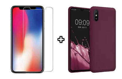 Set Husa Silicon plus Folie din sticla transparenta compatibila cu Xiaomi Redmi 9A, visinie, protectie 360