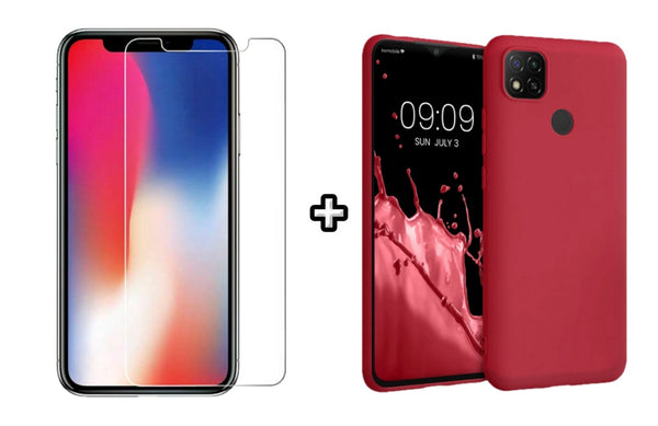 Set Husa Silicon plus Folie din sticla transparenta compatibila cu Xiaomi Redmi 9C, visinie, protectie 360