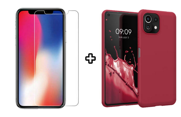 Set Husa Silicon plus Folie din sticla transparenta compatibila cu Xiaomi Mi 11 Lite, visinie, protectie 360