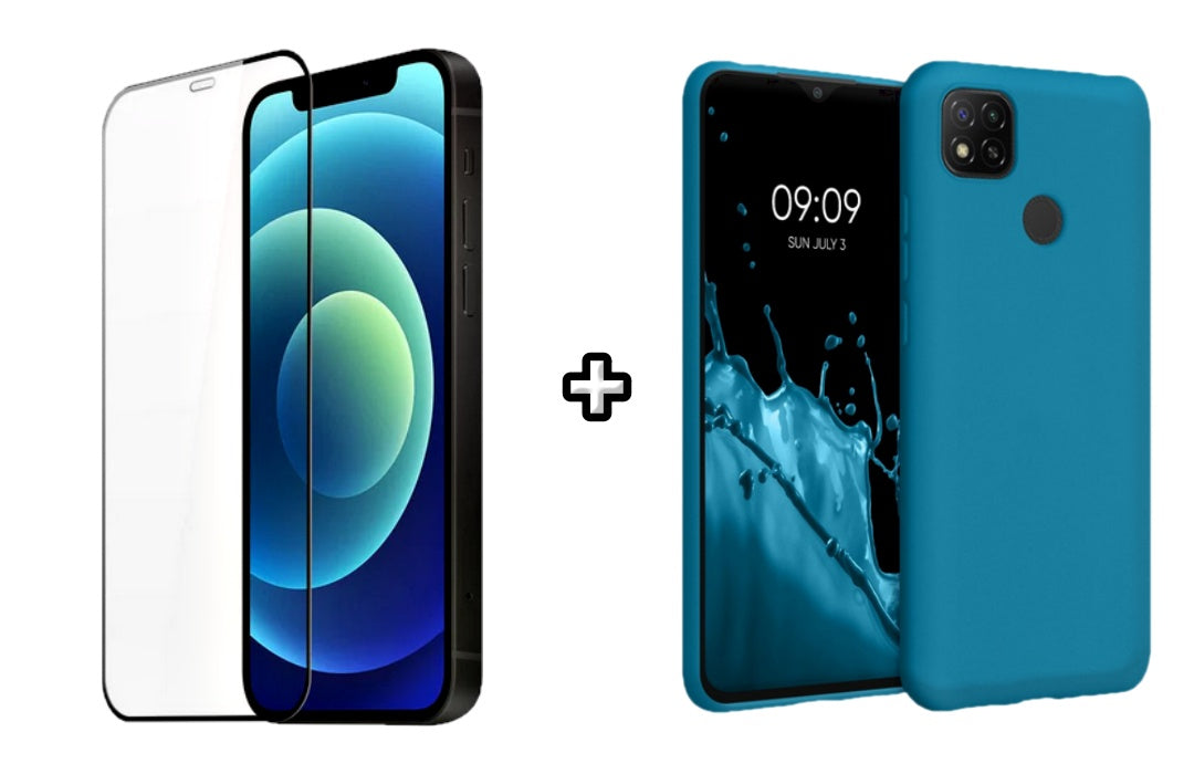 Set Husa Silicon plus Folie din silicon transparenta compatibila cu Xiaomi Redmi 9C, albastra, protectie 360