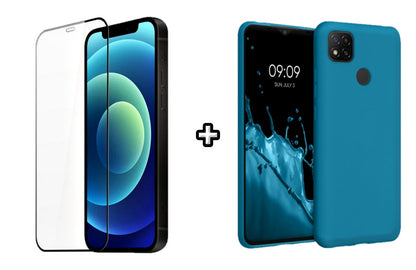 Set Husa Silicon plus Folie din silicon transparenta compatibila cu Xiaomi Redmi 9C, albastra, protectie 360