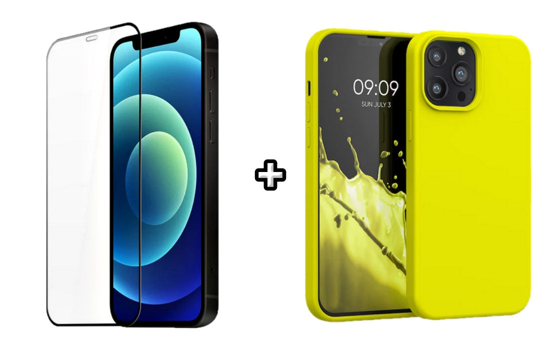Set Husa Silicon + Folie din silicon transparenta compatibila cu Apple iPhone 14 Pro, galben, protectie 360