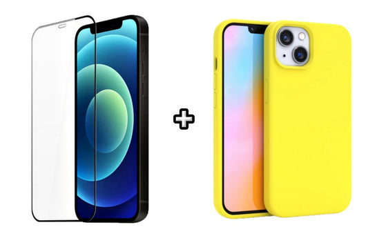 Set Husa Silicon + Folie din silicon transparenta compatibila cu Apple iPhone 14, galben, protectie 360