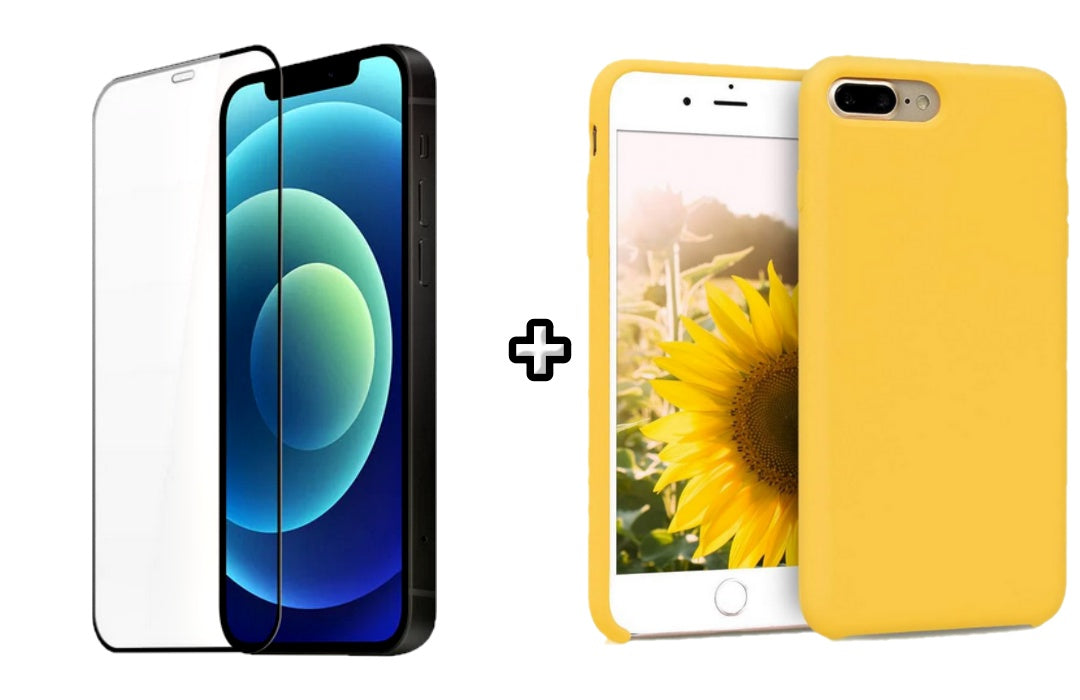Set Husa Silicon + Folie din silicon transparenta compatibila cu Apple iPhone 7 Plus, galbena, protectie 360
