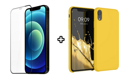 Set Husa Silicon + Folie din silicon transparenta compatibila cu Apple iPhone XS Max, galbena, protectie 360
