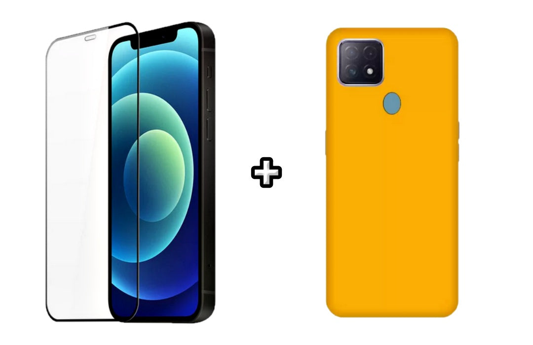 Set Husa Silicon plus Folie din silicon transparenta compatibila cu OPPO A15, galbena, protectie 360