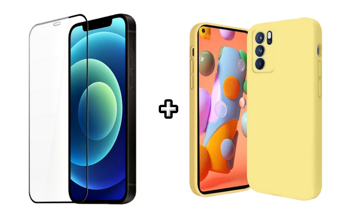 Set Husa Silicon plus Folie din silicon transparenta compatibila cu OPPO A16, galbena, protectie 360