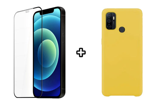 Set Husa Silicon plus Folie din silicon transparenta compatibila cu OPPO A53, galbena, protectie 360