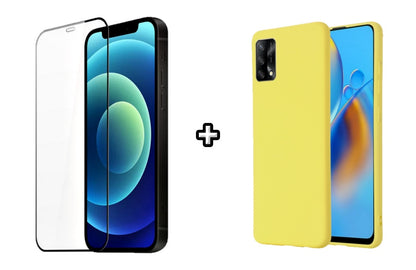 Set Husa Silicon plus Folie din silicon transparenta compatibila cu OPPO A74 4G, galbena, protectie 360