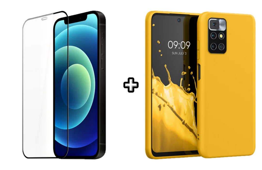 Set Husa Silicon plus Folie din silicon transparenta compatibila cu Xiaomi Redmi 10, galbena, protectie 360