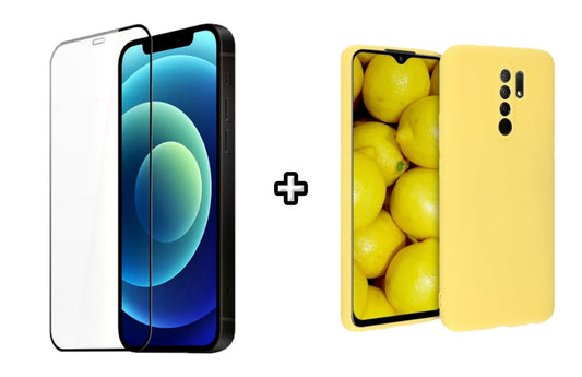 Set Husa Silicon plus Folie din silicon transparenta compatibila cu Xiaomi Redmi 9, galbena, protectie 360