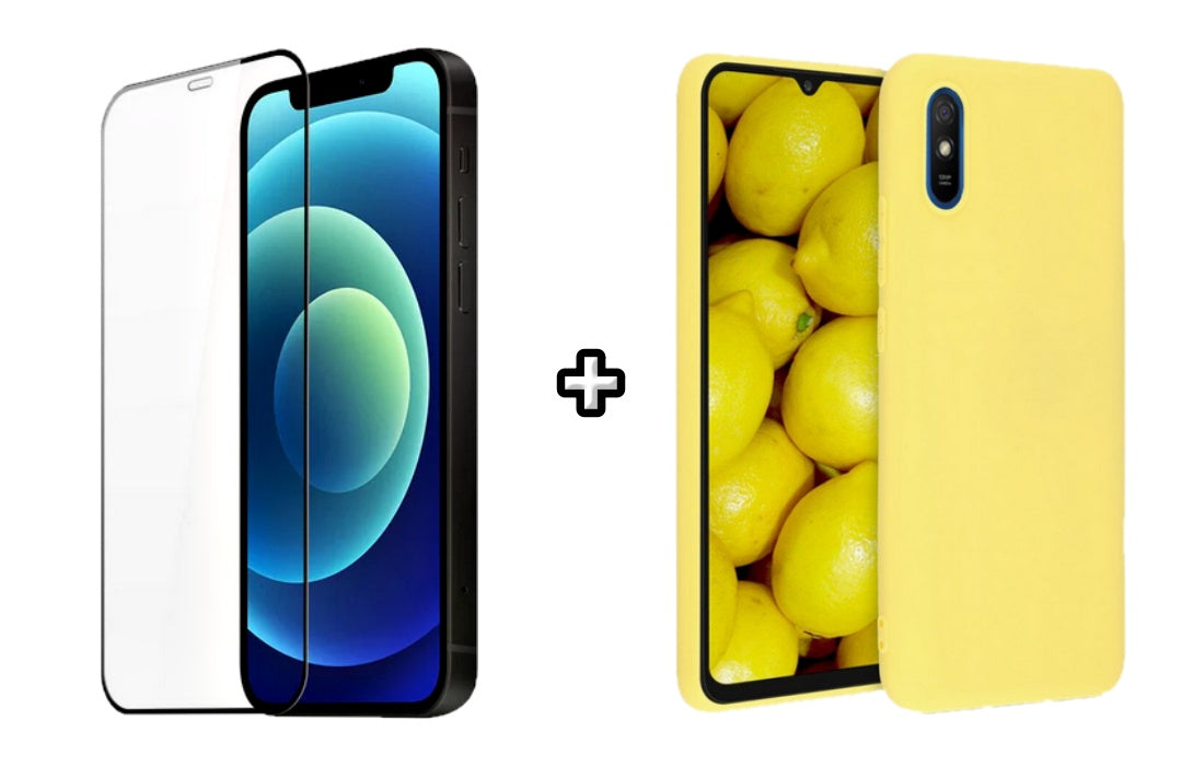 Set Husa Silicon plus Folie din silicon transparenta compatibila cu Xiaomi Redmi 9A, galbena, protectie 360