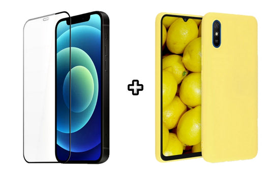 Set Husa Silicon plus Folie din silicon transparenta compatibila cu Xiaomi Redmi 9A, galbena, protectie 360