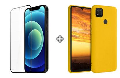 Set Husa Silicon plus Folie din silicon transparenta compatibila cu Xiaomi Redmi 9C, galbena, protectie 360