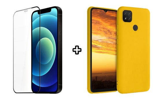 Set Husa Silicon plus Folie din silicon transparenta compatibila cu Xiaomi Redmi 9C, galbena, protectie 360