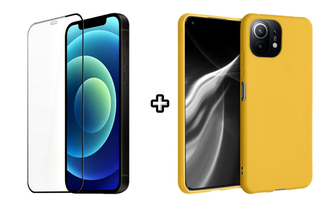 Set Husa Silicon plus Folie din silicon transparenta compatibila cu Xiaomi Mi 11 Lite, galbena, protectie 360