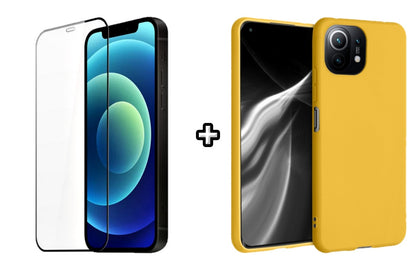 Set Husa Silicon plus Folie din silicon transparenta compatibila cu Xiaomi Mi 11 Lite, galbena, protectie 360