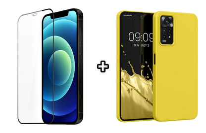 Set Husa Silicon plus Folie din silicon transparenta compatibila cu Xiaomi Redmi Note 11, galbena, protectie 360