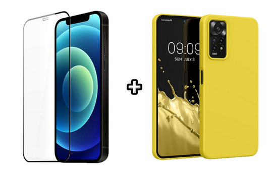 Set Husa Silicon plus Folie din silicon transparenta compatibila cu Xiaomi Redmi Note 11, galbena, protectie 360