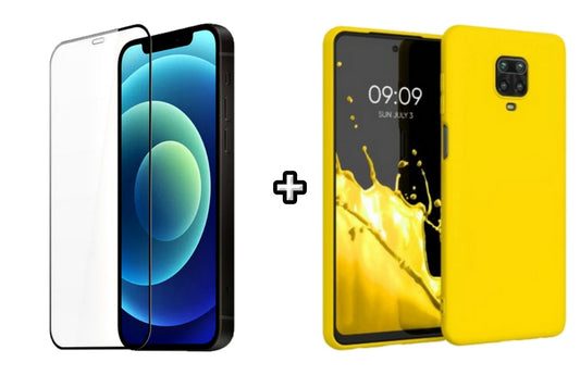 Set Husa Silicon plus Folie din silicon transparenta compatibila cu Xiaomi Redmi Note 9 Pro, galbena, protectie 360