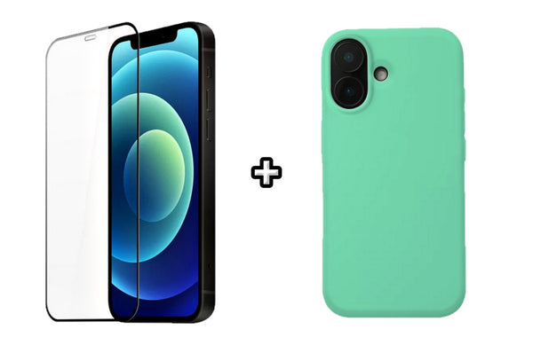 Set Husa Silicon plus Folie din silicon transparenta compatibila cu Apple iPhone 16 Plus, menta, protectie 360