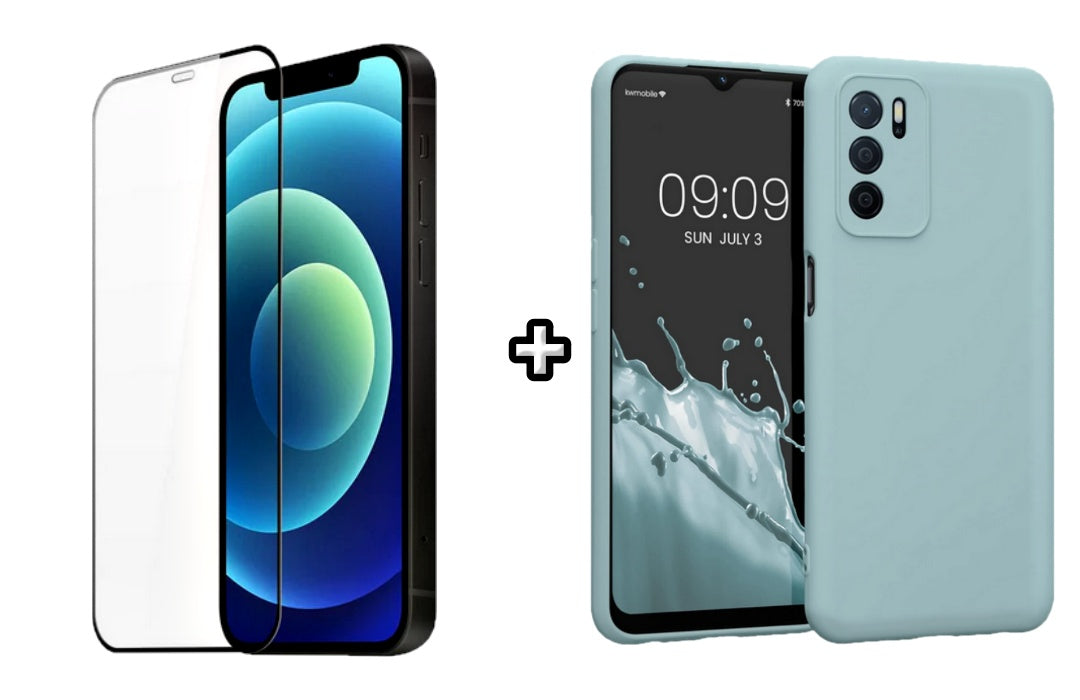 Set Husa Silicon plus Folie din silicon transparenta compatibila cu OPPO A16, menta, protectie 360