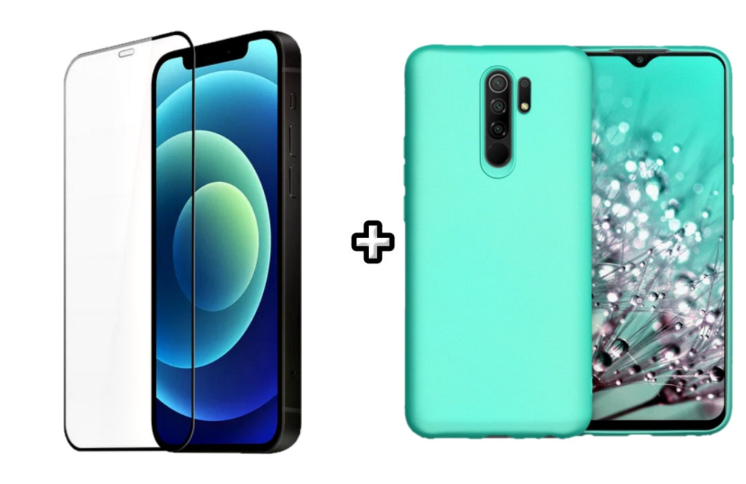 Set Husa Silicon plus Folie din silicon transparenta compatibila cu Xiaomi Redmi 9, menta, protectie 360