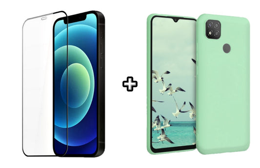 Set Husa Silicon plus Folie din silicon transparenta compatibila cu Xiaomi Redmi 9C, menta, protectie 360