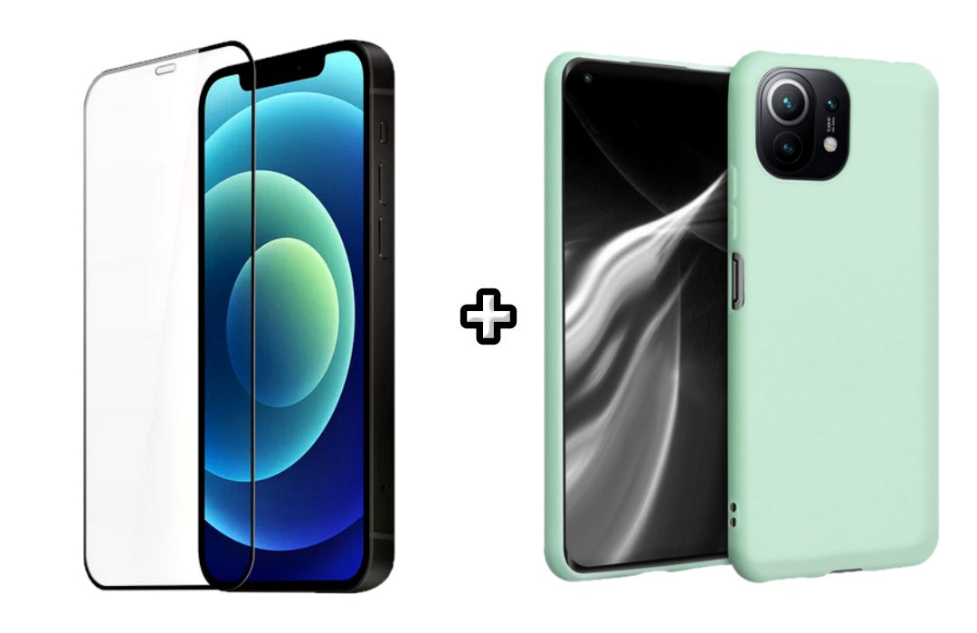 Set Husa Silicon plus Folie din silicon transparenta compatibila cu Xiaomi Mi 11 Lite, menta, protectie 360