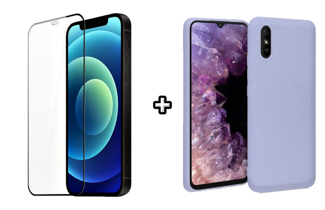 Set Husa Silicon plus Folie din silicon transparenta compatibila cu Xiaomi Redmi 9A, mov, protectie 360