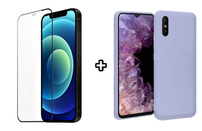 Set Husa Silicon plus Folie din silicon transparenta compatibila cu Xiaomi Redmi 9A, mov, protectie 360