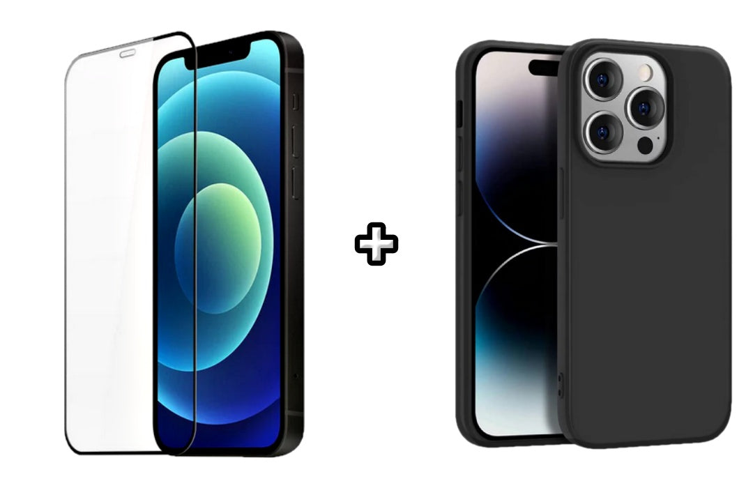 Set Husa Silicon + Folie din silicon transparenta compatibila cu Apple iPhone 15 Pro Max, neagra, protectie 360