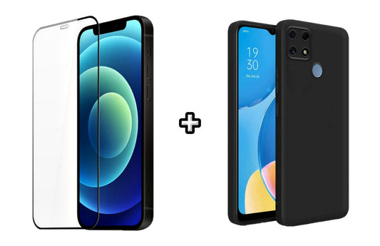 Set Husa Silicon plus Folie din silicon transparenta compatibila cu OPPO A15, neagra, protectie 360