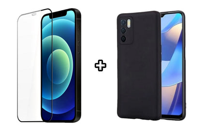 Set Husa Silicon plus Folie din silicon transparenta compatibila cu OPPO A16, neagra, protectie 360