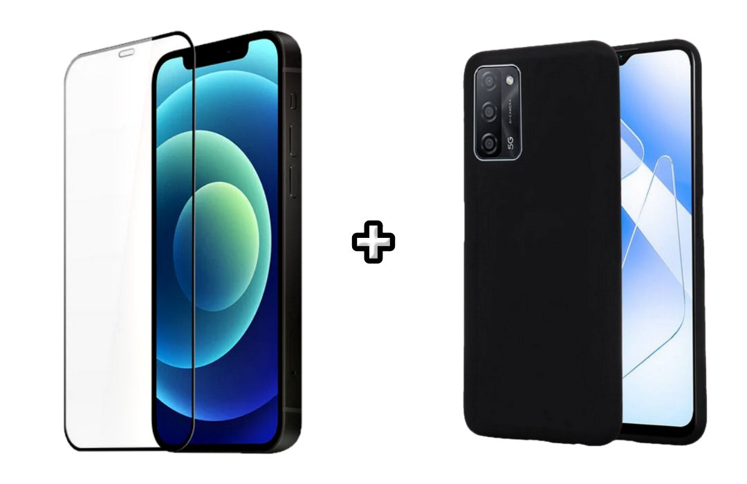 Set Husa Silicon plus Folie din silicon transparenta compatibila cu OPPO A74 4G, neagra, protectie 360