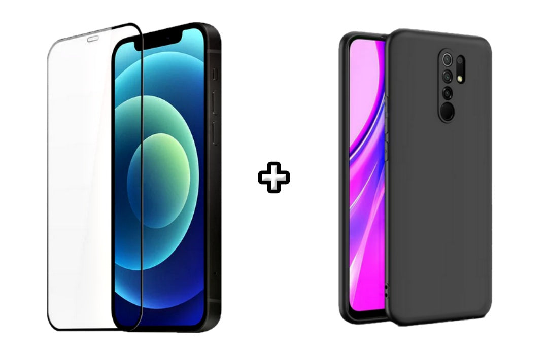 Set Husa Silicon plus Folie din silicon transparenta compatibila cu Xiaomi Redmi 9, neagra, protectie 360