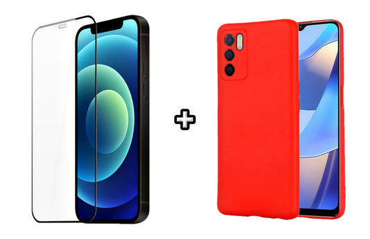 Set Husa Silicon plus Folie din silicon transparenta compatibila cu OPPO A16, rosie, protectie 360