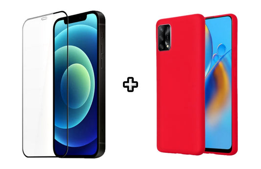 Set Husa Silicon plus Folie din silicon transparenta compatibila cu OPPO A74 4G, rosie, protectie 360